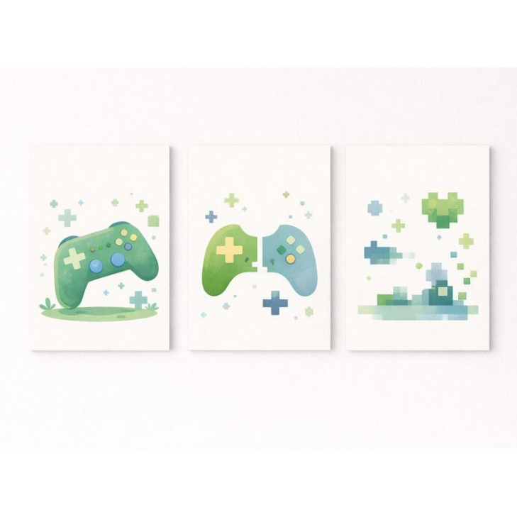 Kit Quadros Decorativos Mosaico 3 Peças Infantil Gamer Jogo Console Play Online Setup Decoração Arte