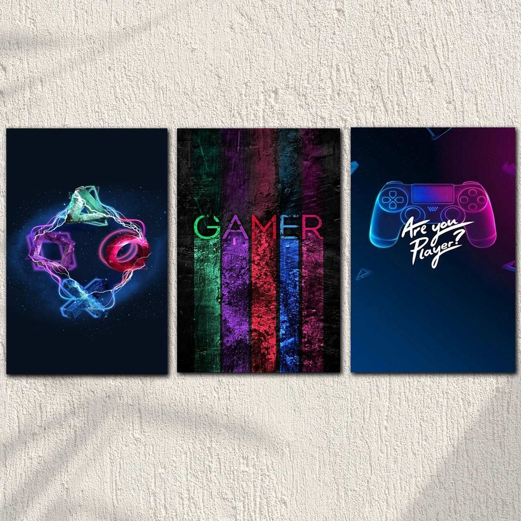 Kit Quadros Decorativos Mosaico 3 Peças Gamer Game Jogo Online Controle Console Player Neon Setup