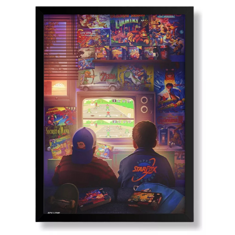 Console Super Nintendo Quadro Decorativo Retrô c/moldura
