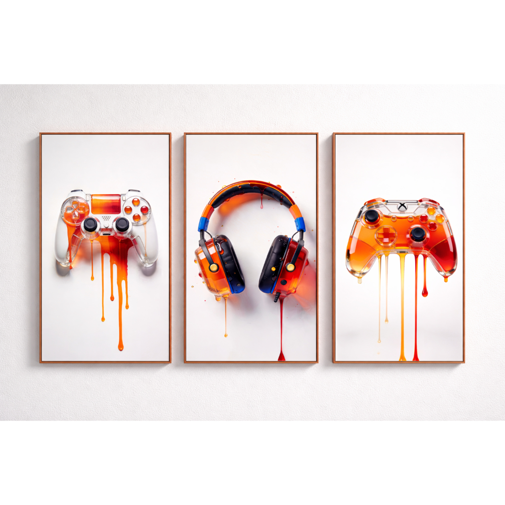 Kit 3 Quadros Gamer Futurista 90x48cm Console Video Game MDF Minimalista Para Setup Computador Futurista Minimal Gamer