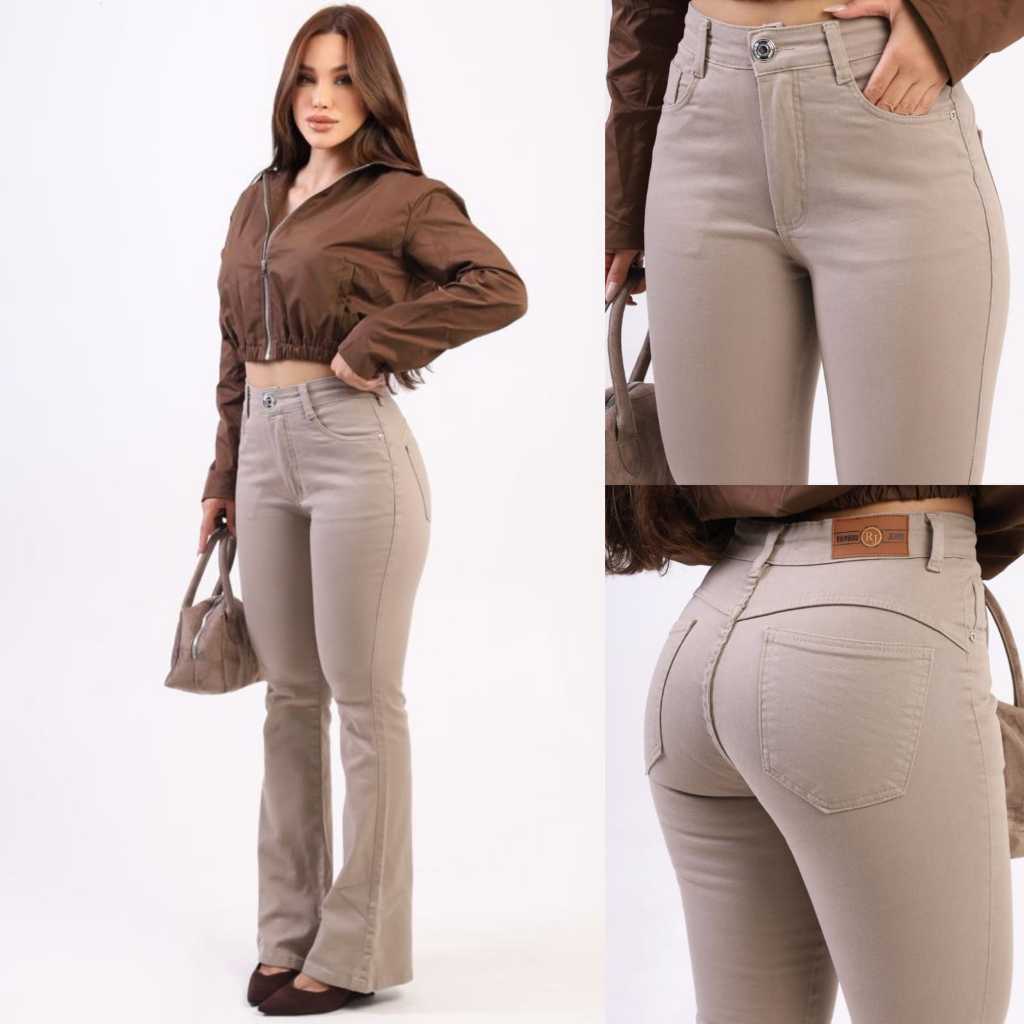 Zephire Calça Flare  boca de sino  Feminina  com Elastano preto bege  bolsos frontais