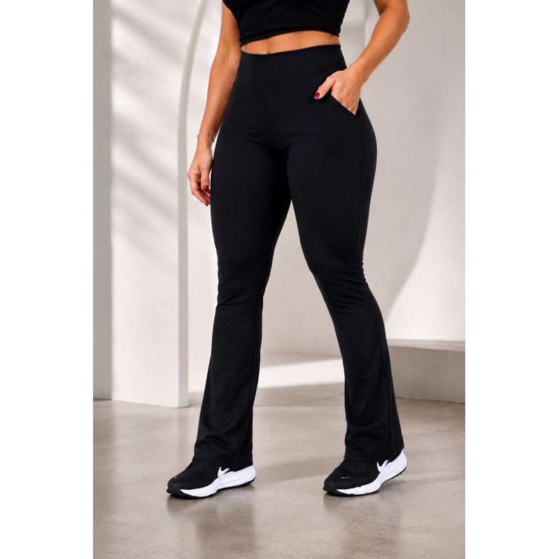 Calça Flare Feminina com Bolso Cós Alto Flanelada Zero Transparência Boca de Sino Legging Academia