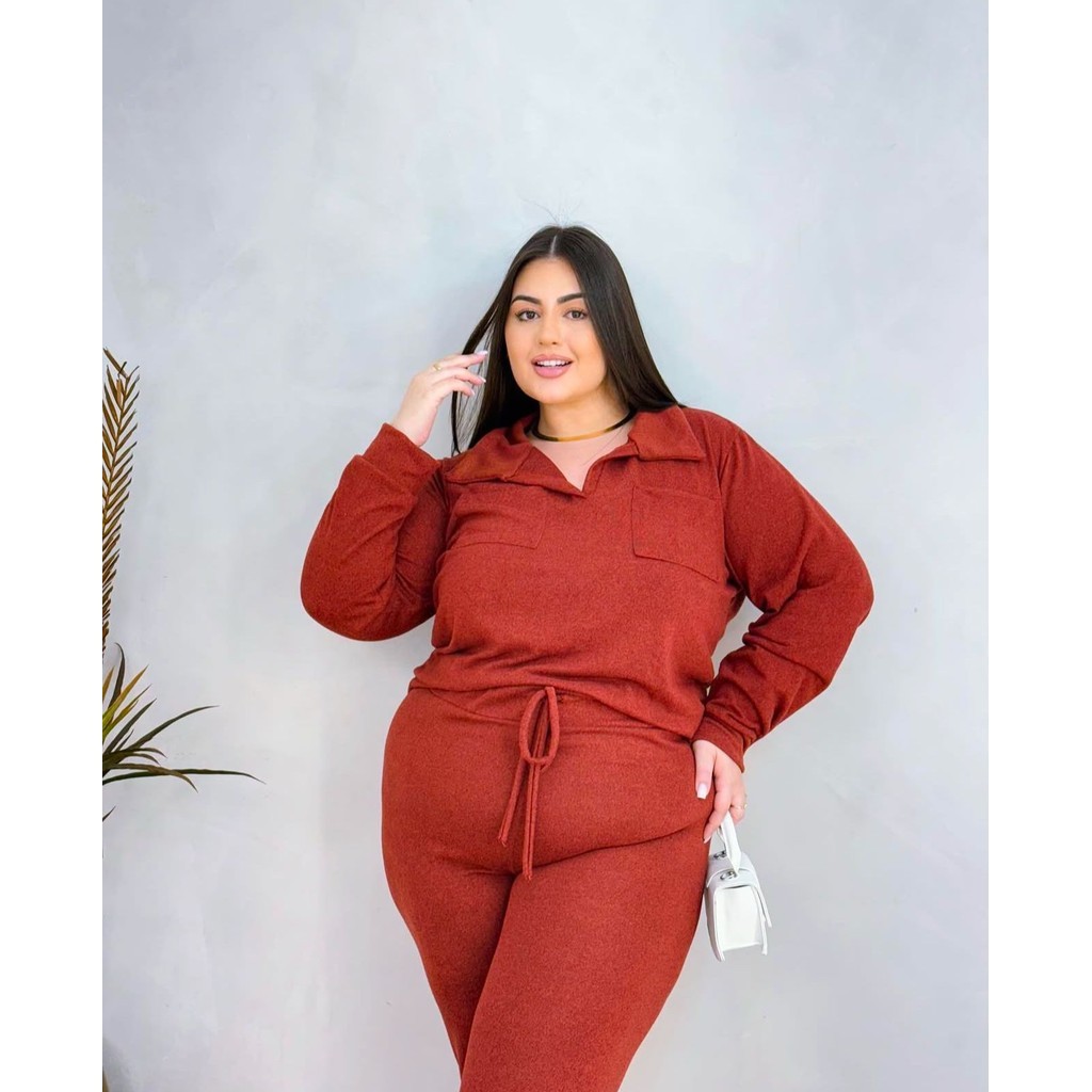 Conjunto feminino Plus Size Blusa com gola manga longa com bolsos Calça longa boca de sino  moda inverno  confortável