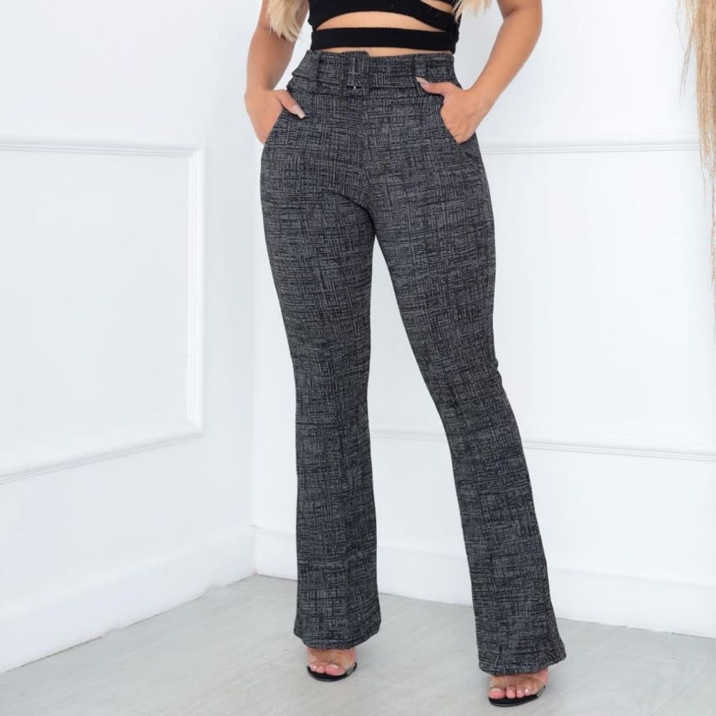 Calça Flare Bailarina Boca de Sino Feminino Bolso Cinto Estilo Alfaiataria Promoção