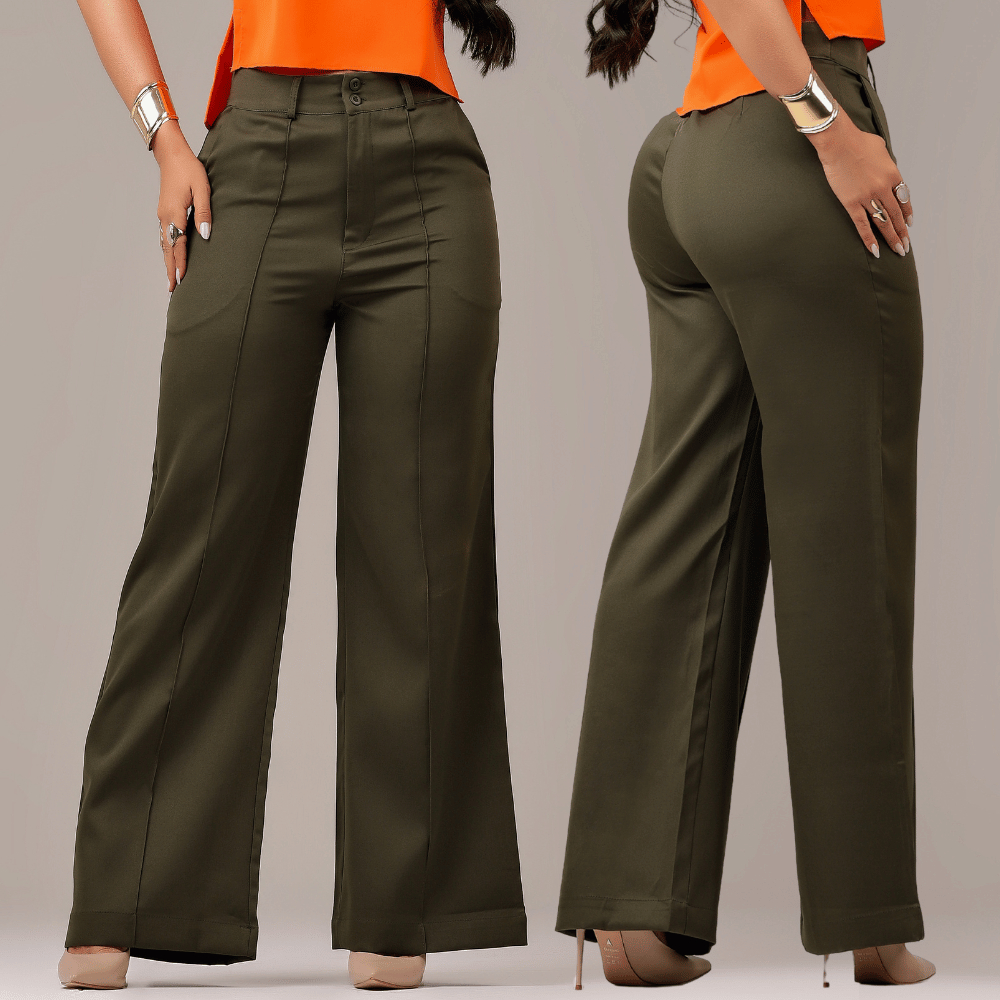 Calça Pantalona Alfaiataria Boca de Sino Lycra Cintura Alta Com Bolsos