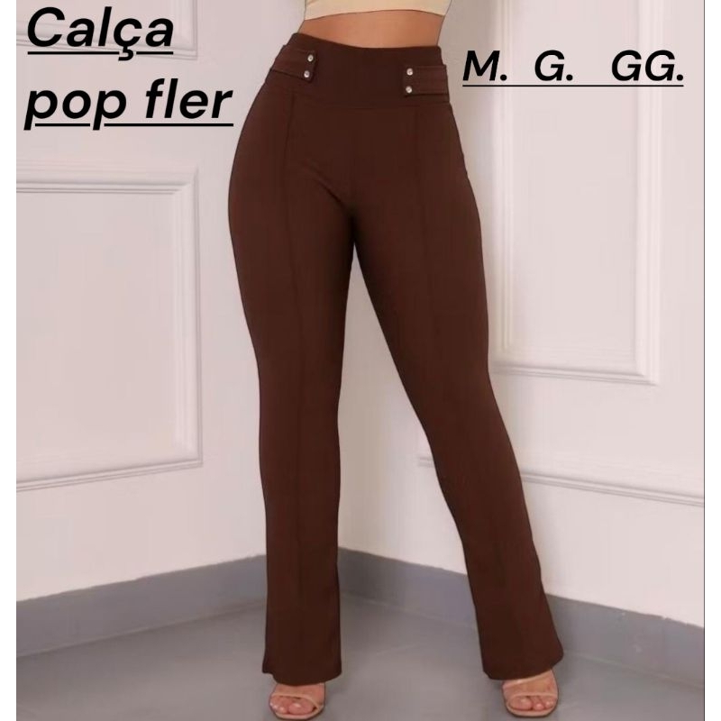 Calça feminina fler flare bailarina boca de sino social casual malha pop cintura alta com bolsos roupa de frio
