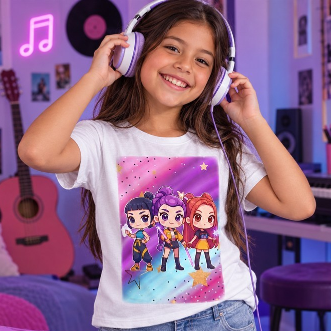 Camiseta Feminina Juvenil K-Pop Estampada Manga Curta Blusa Casual Colorida Presente Menina