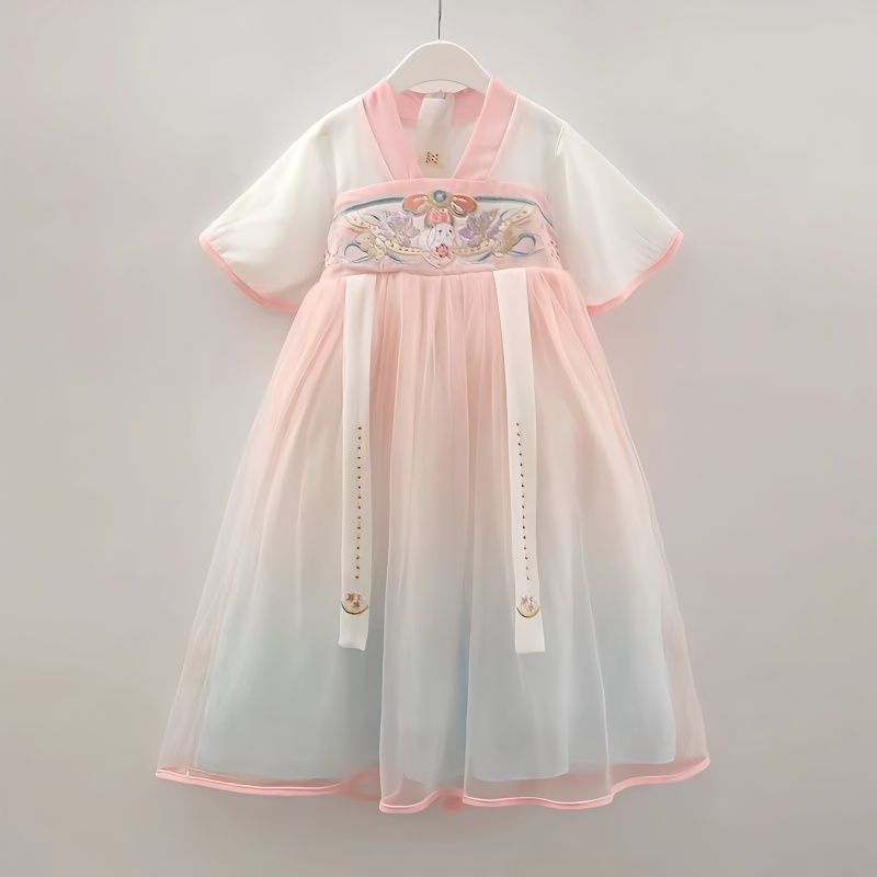 2026 novo estilo infantil Hanfu feminino verão Super fada vestido bordado médio pequeno crianças estilo fino estilo chin