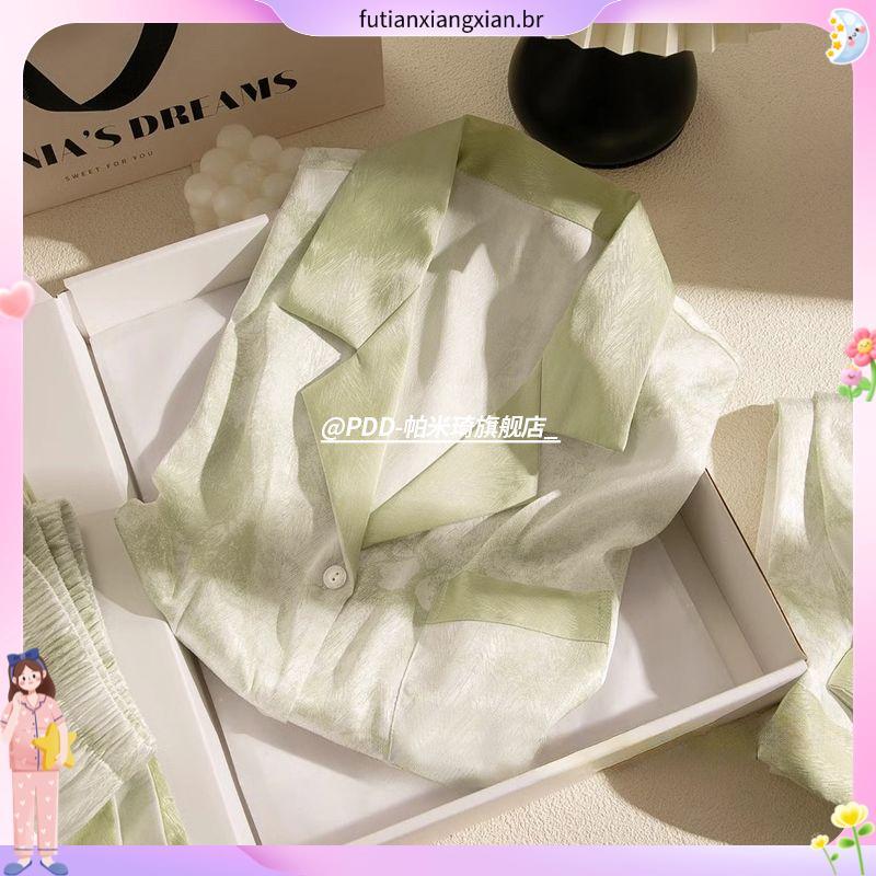 Conjunto de três peças pijamas de seda gelo feminino primavera outono verão estilo fino legal de manga curta estilo chin