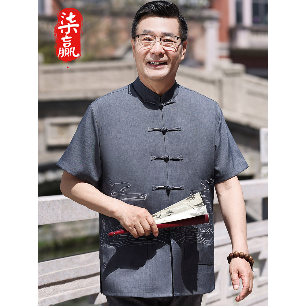 Terno Tang de linho de algodão para idosos de meia-idade verão fino camisa de manga curta novo estilo chinês estilo chin