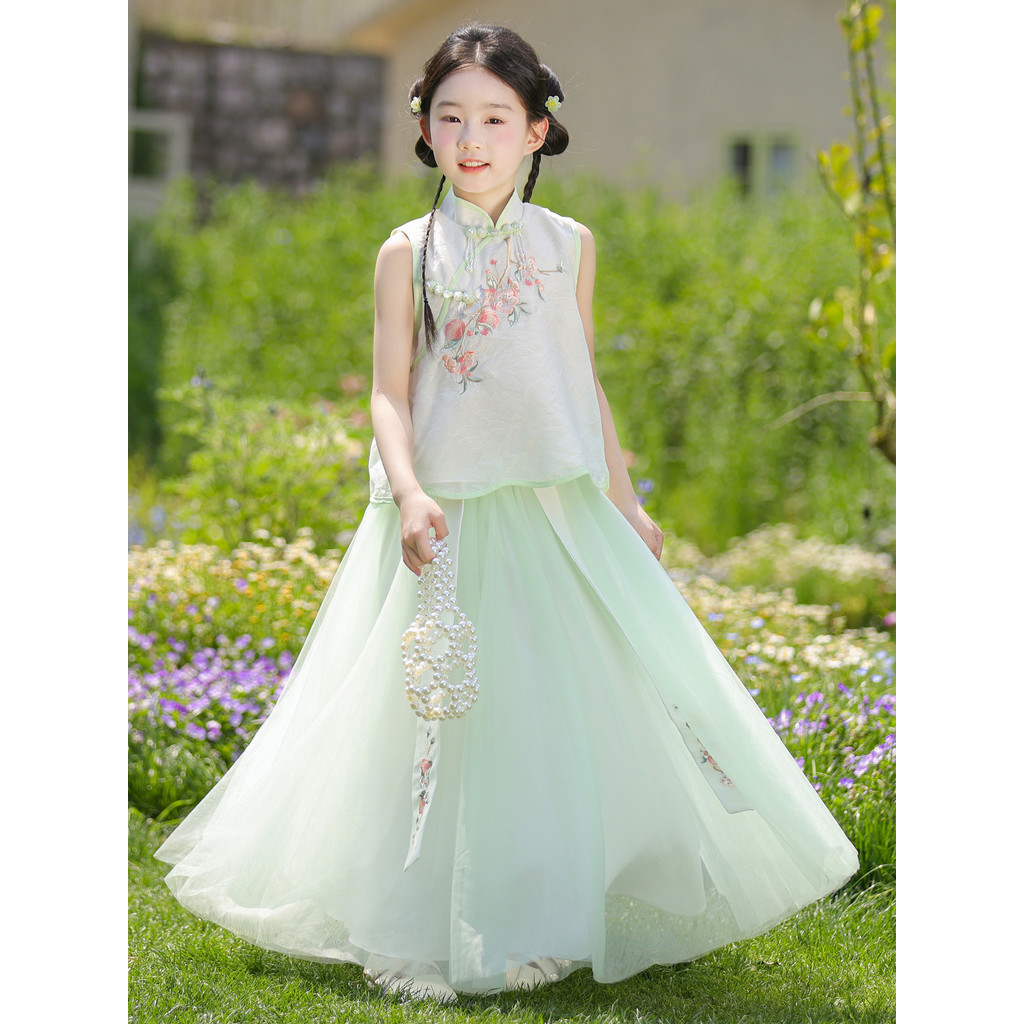 Novo estilo chinês meninas bordado bonito Hanfu 2026 novo estilo meninas terno de verão estilo fino crianças estilo chin