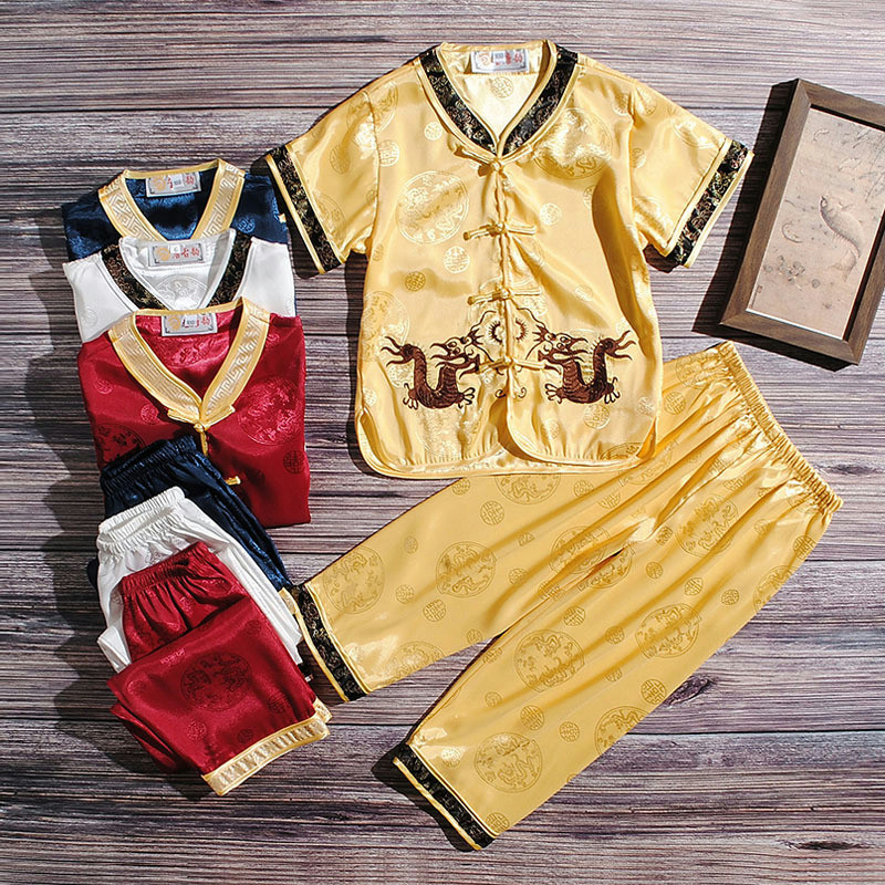 Crianças estilo verão Tang terno estilo fino meninos verão chinês Retro de manga curta médio grande crianças estilo chin