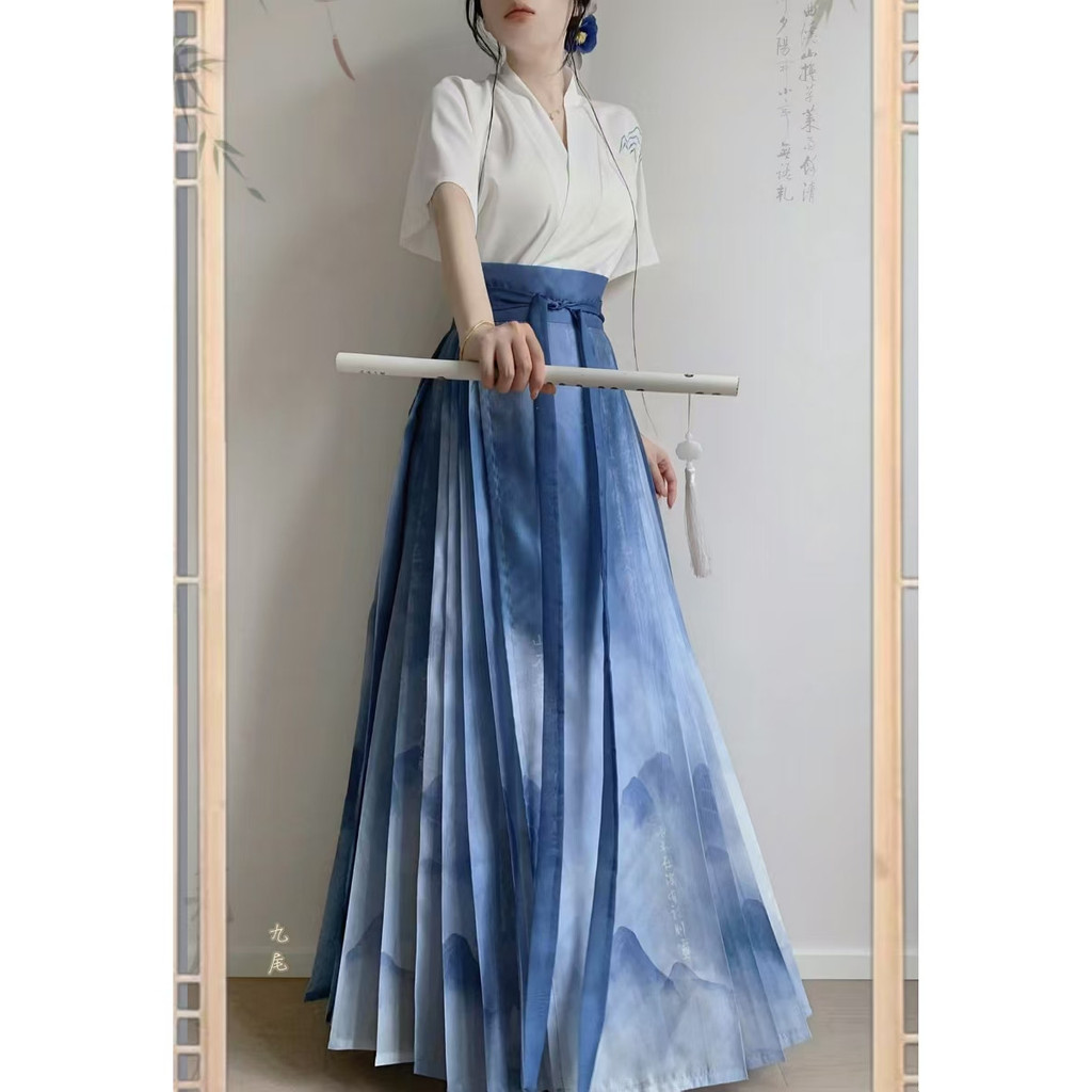 Manga feminina estilo chinês saia de avião fina novo lado médio cavalo Original Hanfu Ming terno manga curta estilo chin