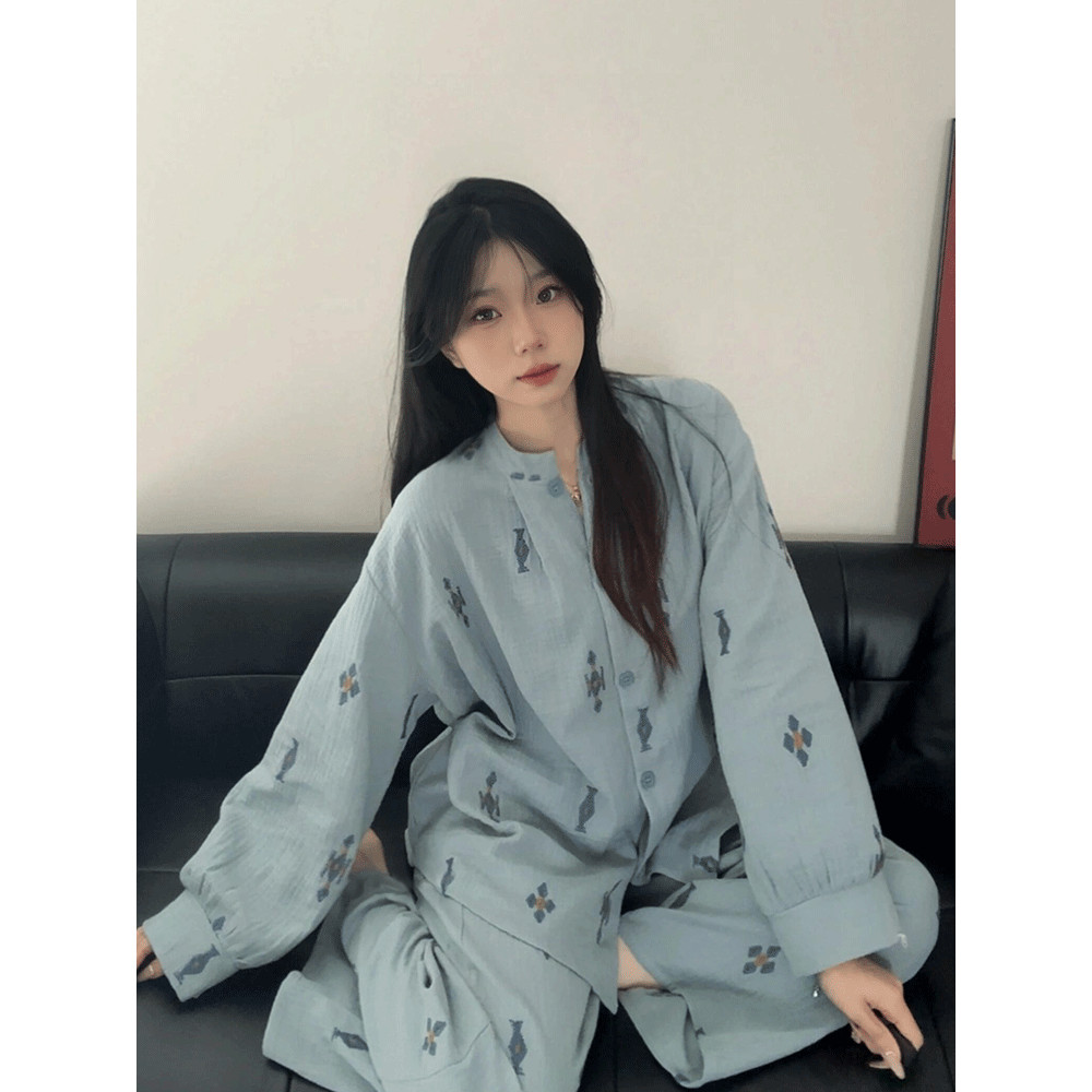 2025 novo estilo primavera outono nuvem pijamas de algodão feminino estilo fino de manga comprida verão novo estilo chin