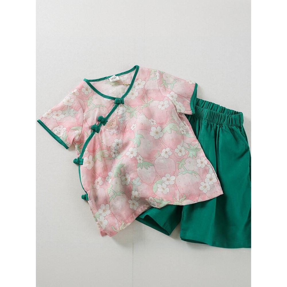 Verão luz fina Ramie Hanfu Shorts de manga curta terno crianças meninas estilo chinês bebê Tang terno estilo antigo chin