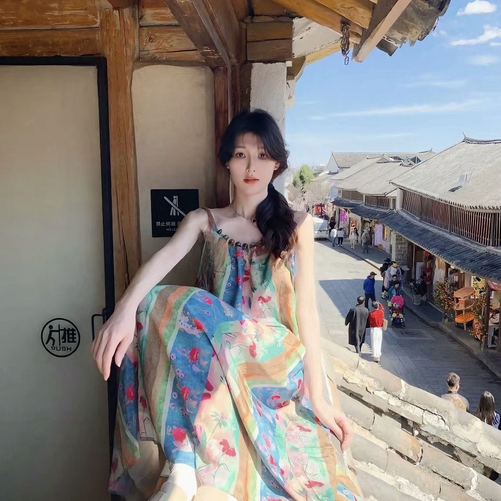 Floral doce fino olhar meados de comprimento Retro vestido férias impresso cem novo estilo estilingue Design estilo chin