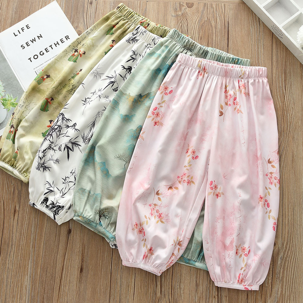 Meninas calças Mosquito crianças fino estilo chinês solto calças compridas móveis do bebê calças de 9 pontos estilo chin