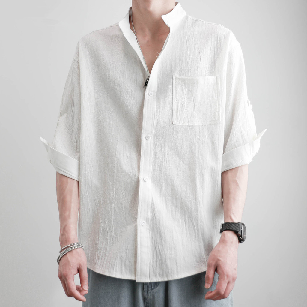 Camisa masculina de manga curta verão fino Casual juventude gola solta algodão linho jaqueta meia manga topo estilo chin
