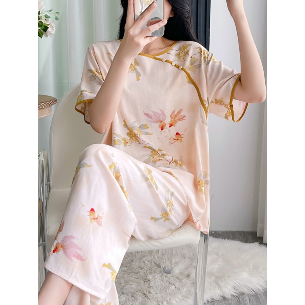 Pijamas de seda de algodão feminino respirável verão calças de manga curta algodão Artificial seda novo estilo fino chin