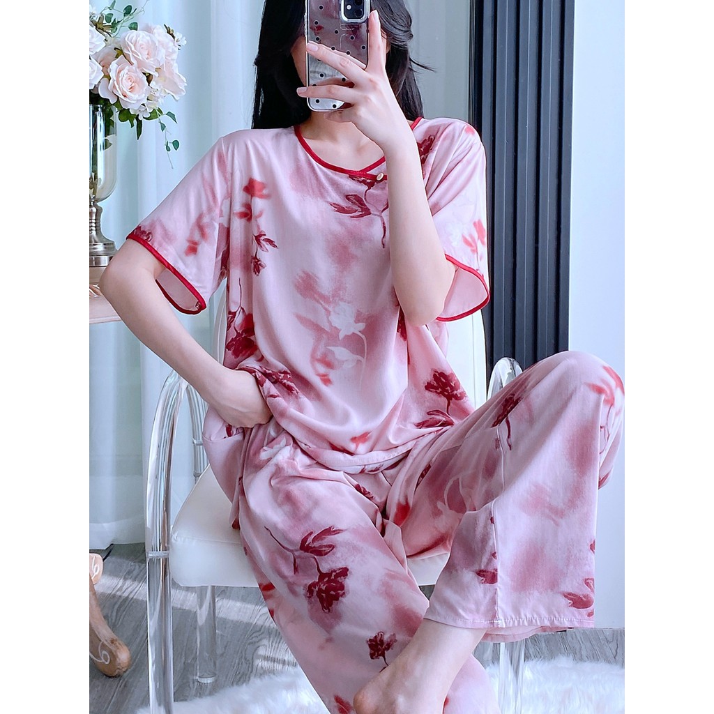 Pijamas de seda de algodão feminino respirável verão calças de manga curta algodão Artificial seda novo estilo fino chin