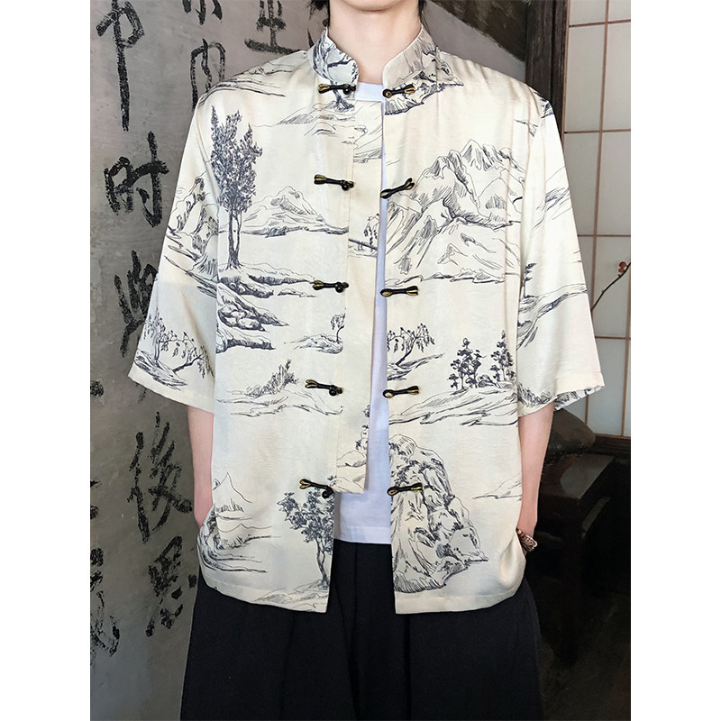 Verão 2026 novo estilo camisa de manga curta masculina solta tamanho grande camisa Casual fina estilo chinês estilo chin