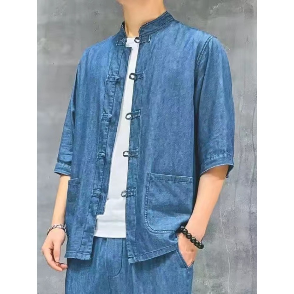 Verão Retro estilo chinês de manga curta camisa jeans macia masculina meia manga solta Tang terno nova jaqueta fina chin