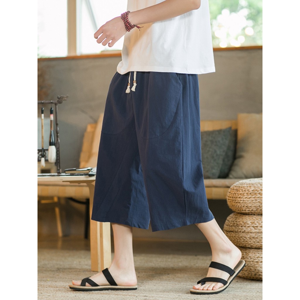 Calças cortadas de perna larga masculinas verão calças de linho de algodão fino na moda solta tamanho grande estilo chin