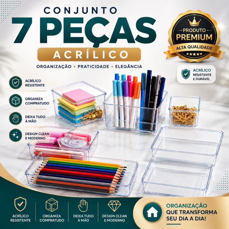 Kit com 7 ou14 Organizadores Multiuso para Gavetas, Armários, Geladeiras Potes em Acrílico