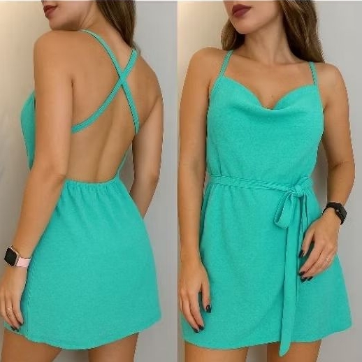 Vestido Macaquinho Shorts Crepe Duna alcinha elástico amarração Feminino