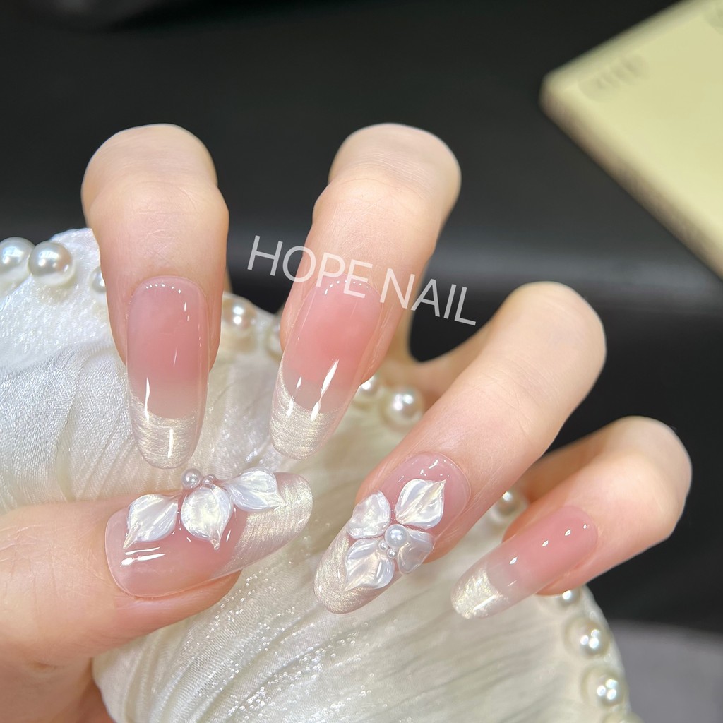 [Gardenia Blossoms] High-End Feel Nude Cor Francesa Tridimensional Esculpida Unhas Usadas à Mão Suave T