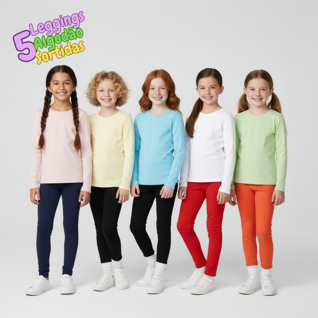 Kit 5 Calça Legging Infantil Lisa Algodão de Alta Qualidade Menina Dia a Dia Respirável Confortável
