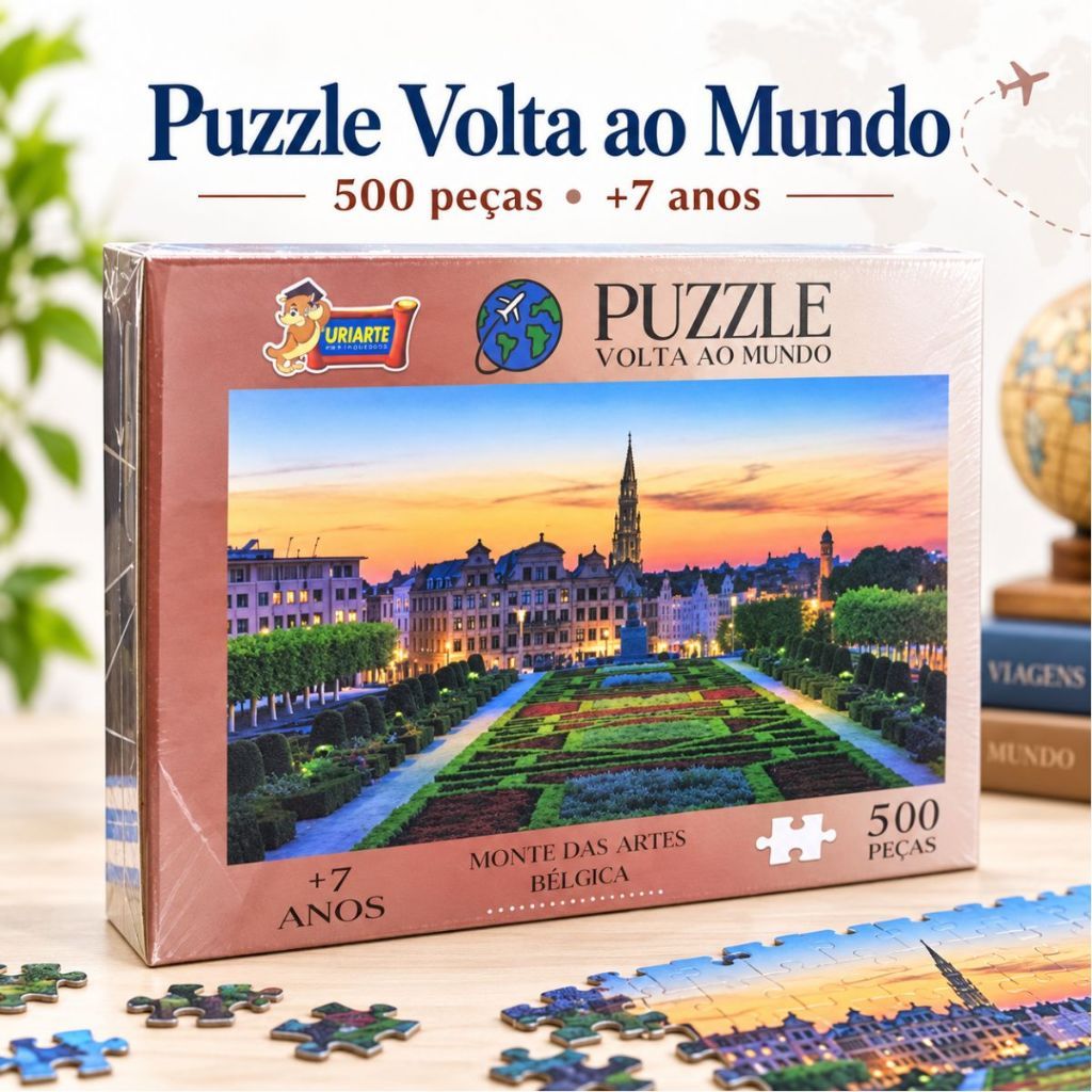 Quebra-Cabeça Volta ao Mundo Bélgica 500 Peças Monte das Artes Bruxelas Puzzle Madeira MDF Uriarte