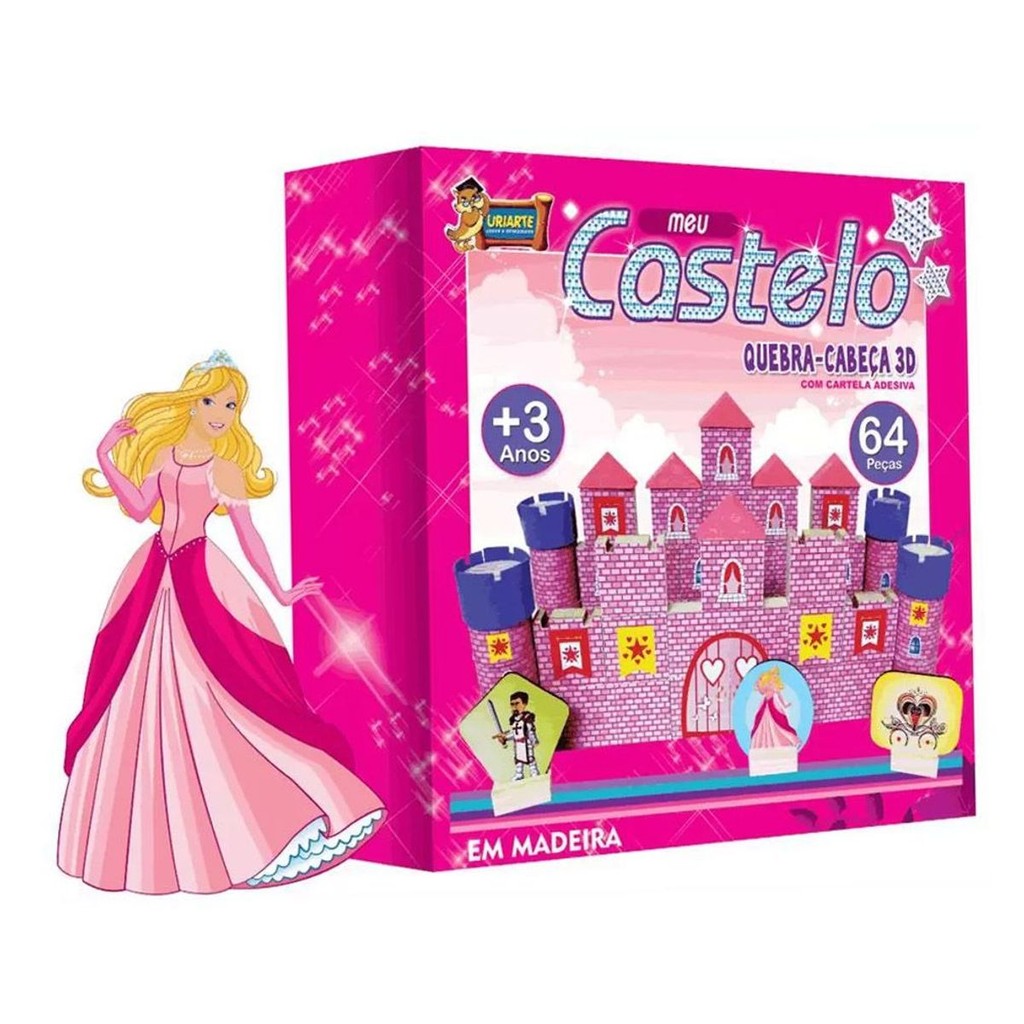 Puzzle 3D Castelo Infantil 64 Peças Uriarte Brinquedo Educativo Madeira MDF +3 Anos