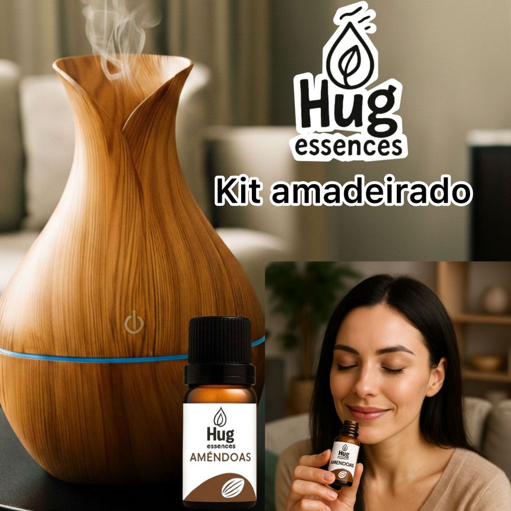 Umidificador Vaso Aromatizador Ultrassônico Tipo Madeira Usb Com Led Colorido + Essencia Amadeirado
