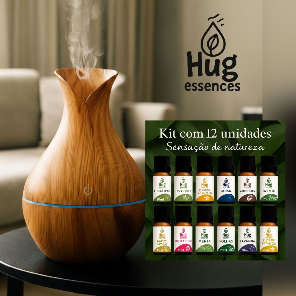 Umidificador Vaso Claro e escuro + Essencias USB Tipo Madeira Led 130ml Marrom Escuro