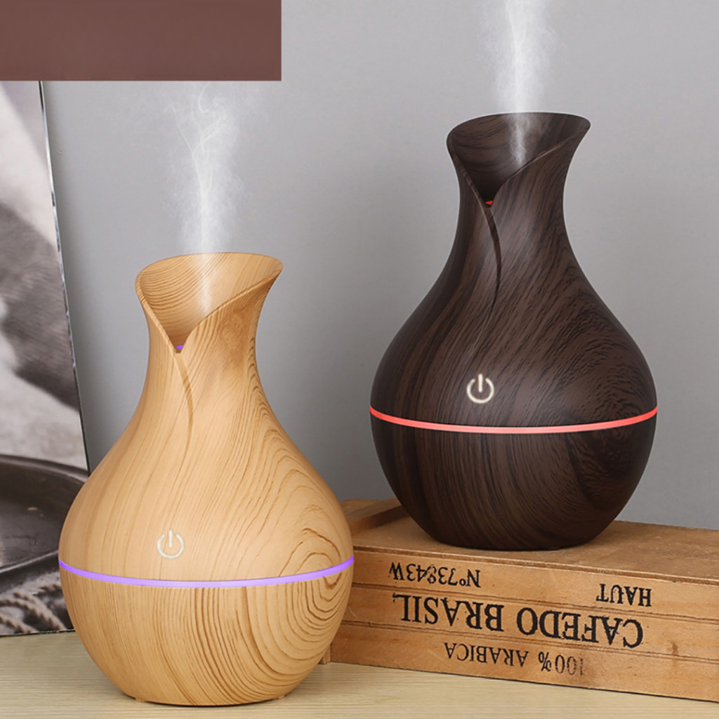 Umidificador Design de Vaso Aromatizador Silencioso textura de Madeira Recarregável com LED