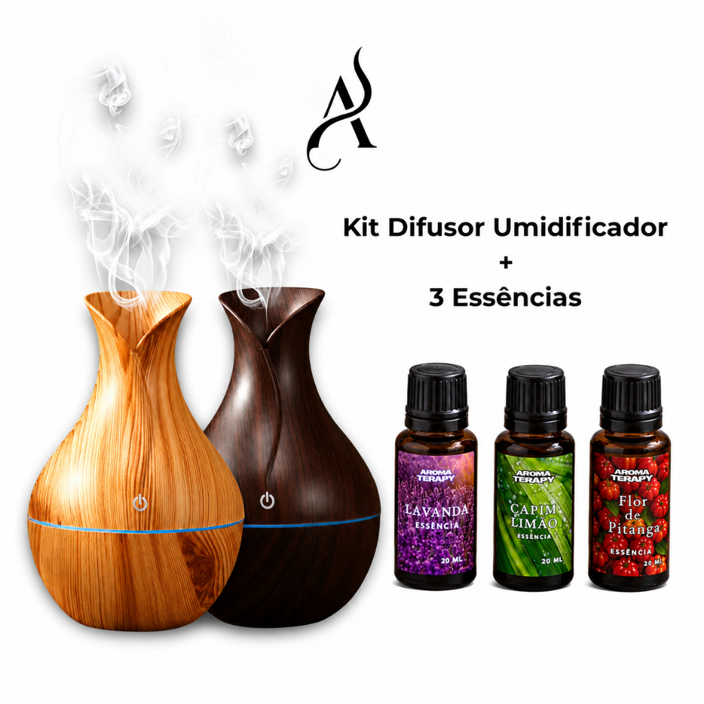 Umidificador de Ar Vaso + 3 Essências Aromatizador Para Ambientes Design Madeira Elegante Premium
