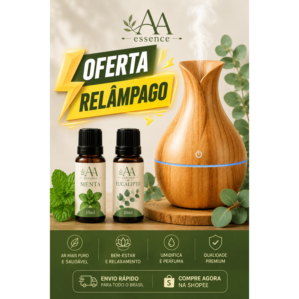Kit Umidificador Vaso USB Tipo Madeira 130ml + Essências Fresh e Floral | Claro ou Escuro