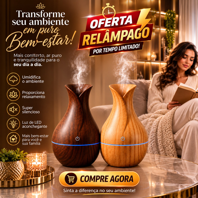 Kit Umidificador Vaso USB Tipo Madeira 130ml
