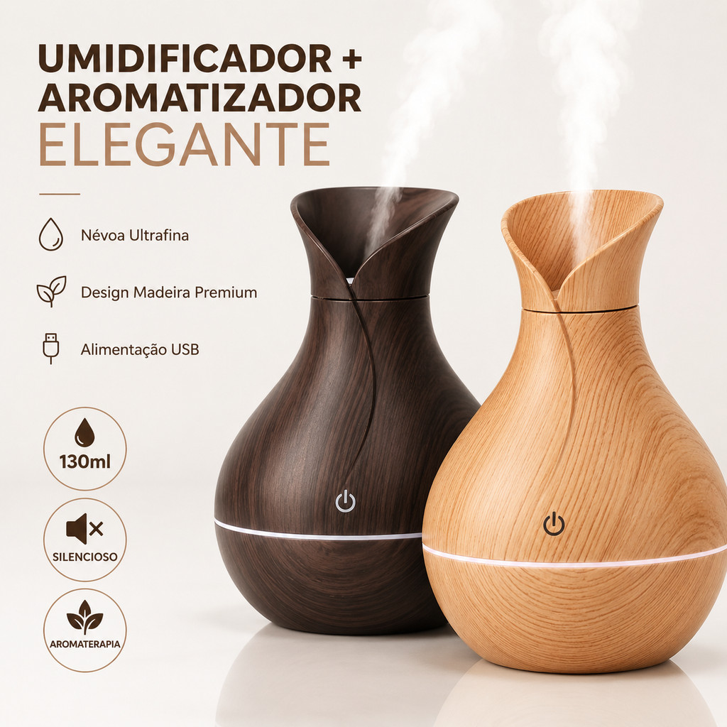 Umidificador Design de Vaso Aromatizador Silencioso textura de Madeira Recarregável com LED mira store