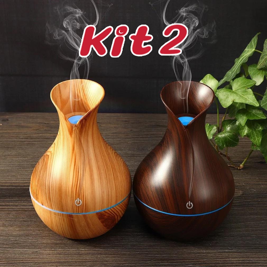 Umidificador Aromatizador Silencioso com LED - Design de Vaso de Madeira