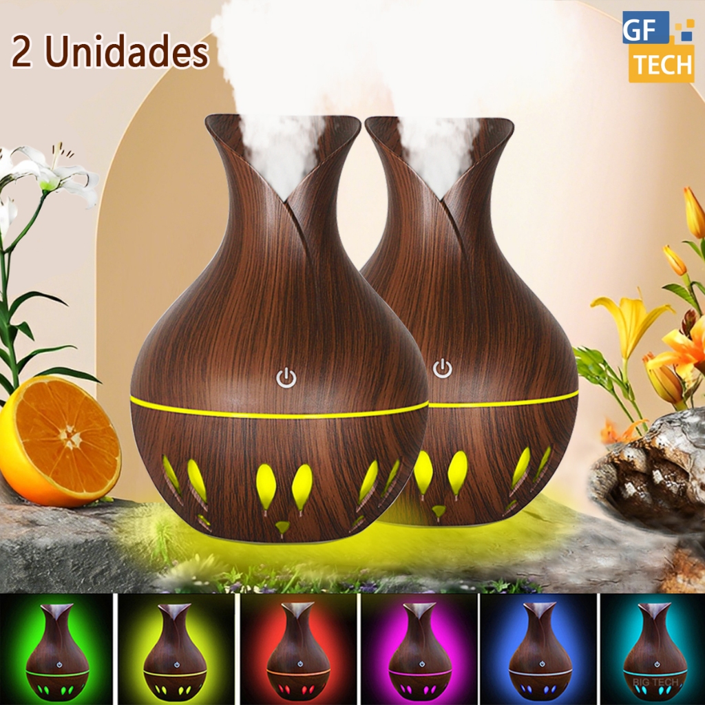 KIT2 Umidificador Vaso Aromatizador Ultrassônico Tipo Madeira Usb Com Led Colorido