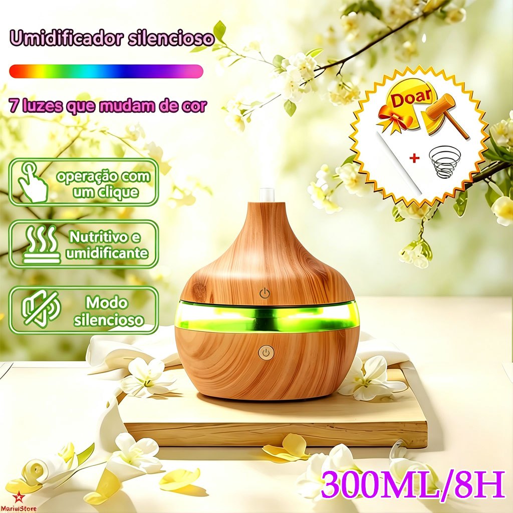 UmidificadorDe Madeira Luzes 7 Cores Mudo Ar Purificador Aromatizador Desligamento Automático Devido À Falta De Água
