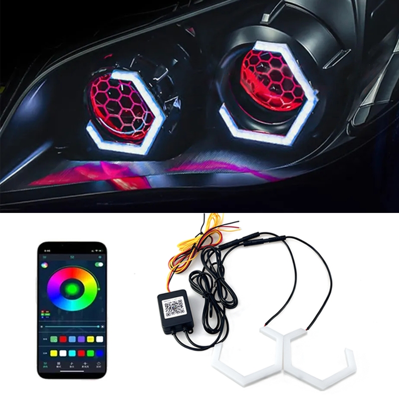2PCS 12V/24V RGB APP Control Hexagon Angel Eyes Halo Anéis Retrofit Farol Carro Motocicleta Branco DRL + Amber