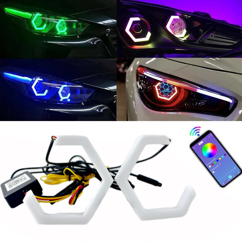 2PCS RGB Angel Eyes Halo Anéis Amarelos Âmbar Sinal De Volta Bluetooth APP Control Carro UTV Motocicleta DRL Farol Luz