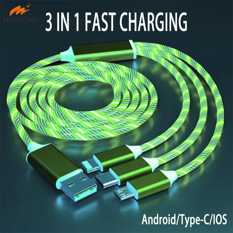 3 Em 1 LED Luz De Fluxo Luminosa Cabo USB 1.2M Carregamento Rápido Tipo-C IOS Micro Colorido Streamer Cabos De NKcase