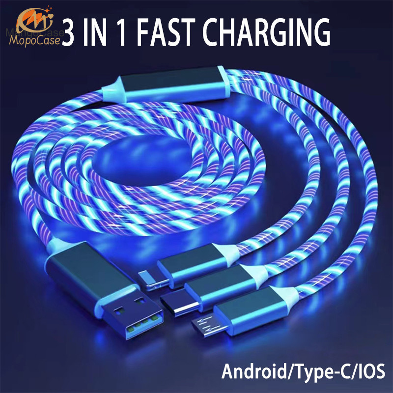 3 Em 1 LED Luz De Fluxo Luminosa Cabo USB 1.2M Carregamento Rápido Tipo-C IOS Micro Colorido Streamer Cabos De Mopo