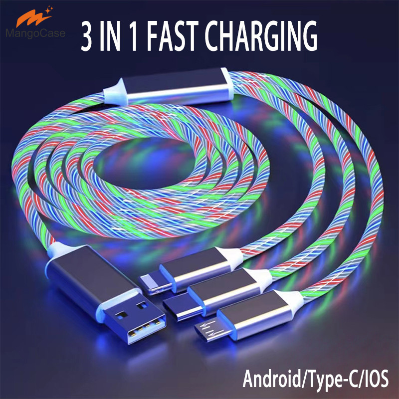 3 Em 1 LED Luz De Fluxo Luminosa Cabo USB 1.2M Carregamento Rápido Tipo-C IOS Micro Colorido Streamer Cabos De Doces