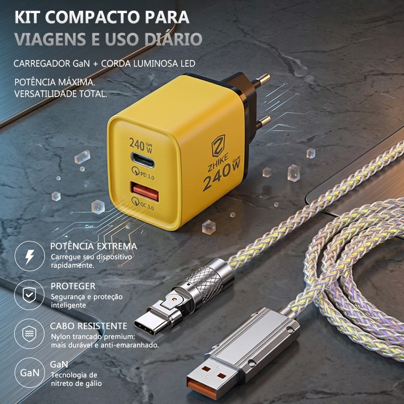 Carregador ZHIKE Cabo Carregamento Super Rápido Tipo C V8 Rotação 180° Colorido Streamer 1 Metro Cabo 240W GaN Adaptador