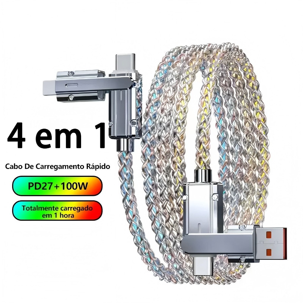 Cabo De Carregamento 4 Em 1 Para iPhone/Android | Velocidade Rápida Com Streamer Colorido (USB-A , Tipo C , Relâmpago)